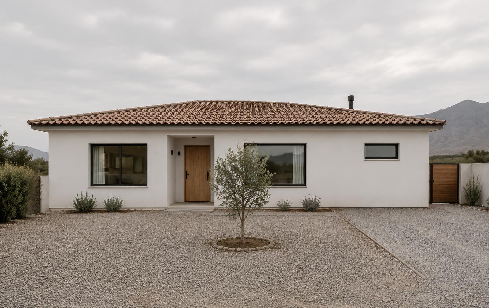 Casa familiar de estilo tradicional con techo de tejas al atardecer