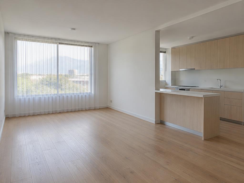 Living y cocina remodelados con madera y tonos cálidos